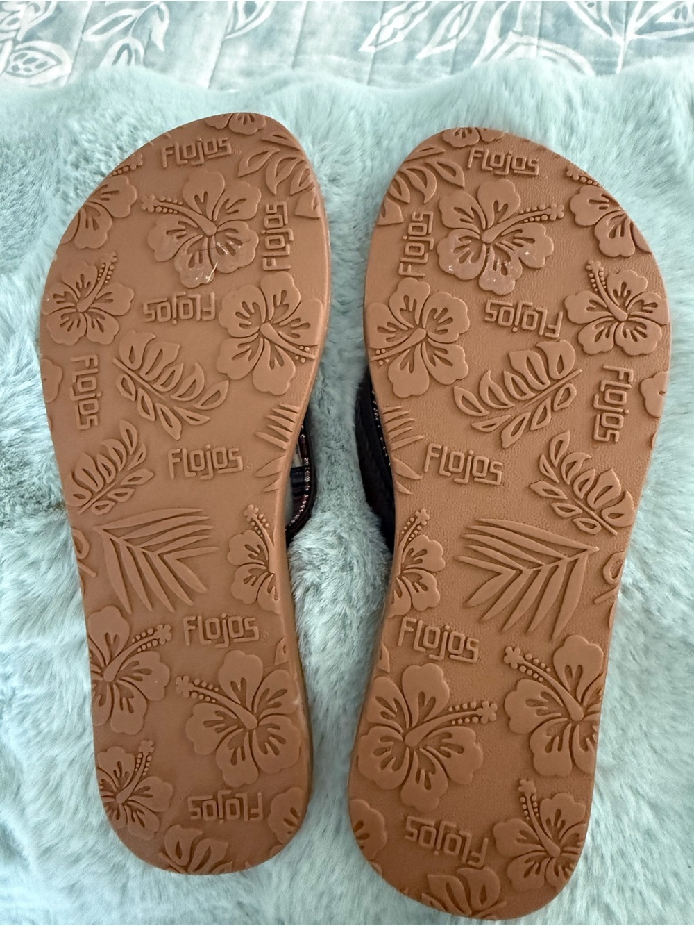 Flojos Women's Brown Footbed Flip Flops with Black Straps and Multicolor Accent - Picture 2 of 2